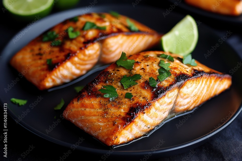 Grilled salmon fillets garnished with parsley and lime on black plate Grilled salmon fillets garnished with parsley and lime on black plate