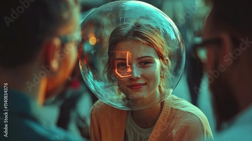 Illuminating Connectivity: A Stunning Poster Design Featuring a Glowing Network of Diverse Faces within a Translucent Sphere - Perfect for Modern Sports Interiors and Inspirational Spaces!