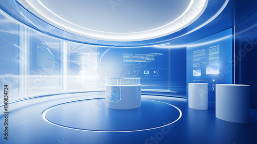 Futuristic 3D rendering of a blue and white gradient circular exhibition hall with an open wall, featuring a digital display surrounded by white cylindrical holographic shelves and an empty glass
