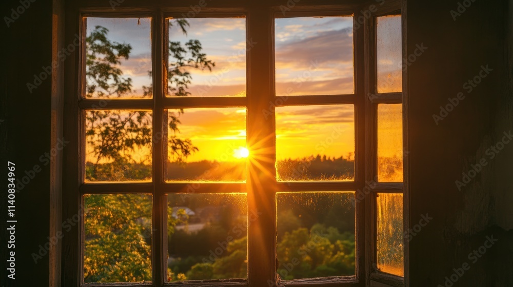 Naklejka premium Golden Sunset through a Rustic Window Pane