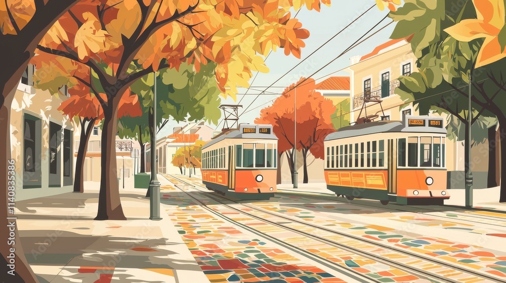 Obraz premium Charming tram ride through colorful lisbon streets portugal retro print autumn vibe scenic view travel concept