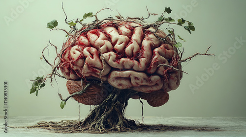 A surreal depiction illustrates a human brain connected to the earth by roots and plants, symbolizing decay and cognitive decline as seen in dementia photo