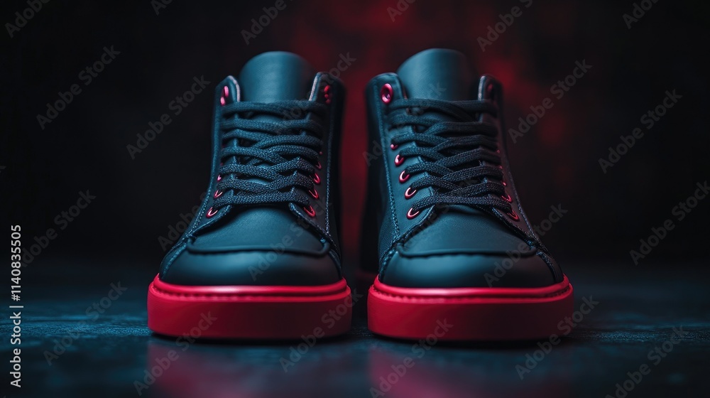 Stylish Black and Red Sneakers on Dark Background Stylish Black and Red Sneakers on Dark Background