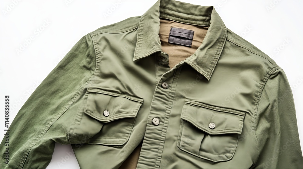 Green t-shirt and khaki jacket on a white background. Everyday casual clothing. Green t-shirt and khaki jacket on a white background. Everyday casual clothing.