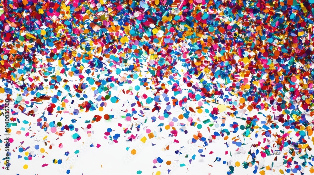 Multicolor confetti abstract background with a lot of falling pieces, isolated on a white background. Festive decorative tinsel element for design Multicolor confetti abstract background with a lot of falling pieces, isolated on a white background. Festive decorative tinsel element for design
