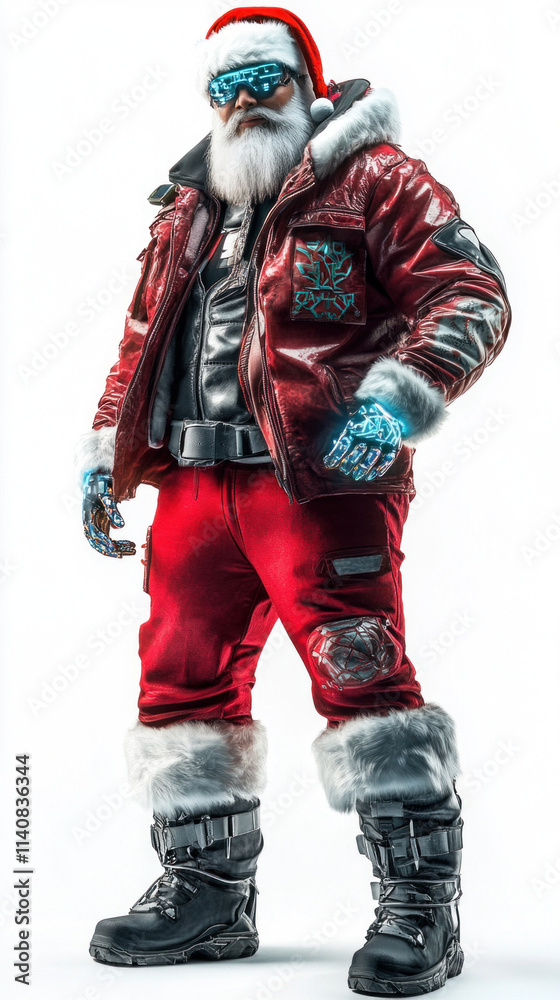 Cyberpunk santa claus wearing futuristic clothes and goggles posing on white background Cyberpunk santa claus wearing futuristic clothes and goggles posing on white background