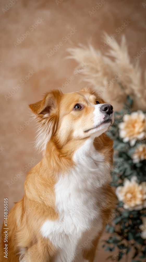 Delicate dog portrait indoor studio high-resolution textures floral background side view elegant canine aesthetics Delicate dog portrait indoor studio high-resolution textures floral background side view elegant canine aesthetics