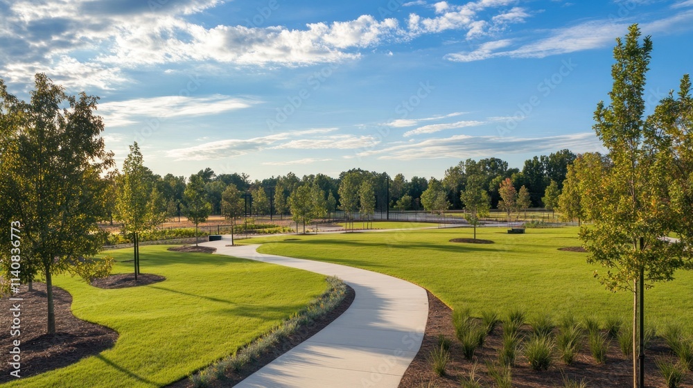 Winding concrete path through a lush green park with trees and blue sky. Winding concrete path through a lush green park with trees and blue sky.