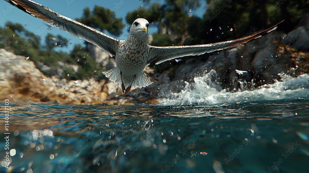 Fototapeta premium Seagulls soaring above rugged cliffs and ocean waves coastal scene aerial view nature