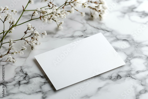 A blank white card placed on a marble surface, surrounded by delicate white flowers. The scene is minimalistic and elegant, ideal for invitations or personal messages.