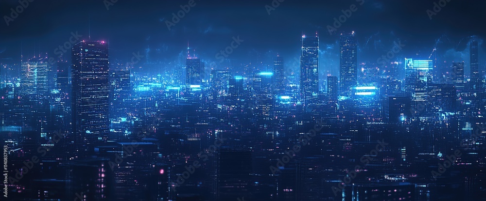  illustration urban architecture, cityscape with space and neon light effect. Modern hi-tech, science, futuristic technology concept.