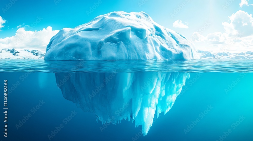 A towering, melting iceberg in the Arctic ocean, surrounded by snow-covered glaciers drifting under a clear blue sky. A towering, melting iceberg in the Arctic ocean, surrounded by snow-covered glaciers drifting under a clear blue sky.