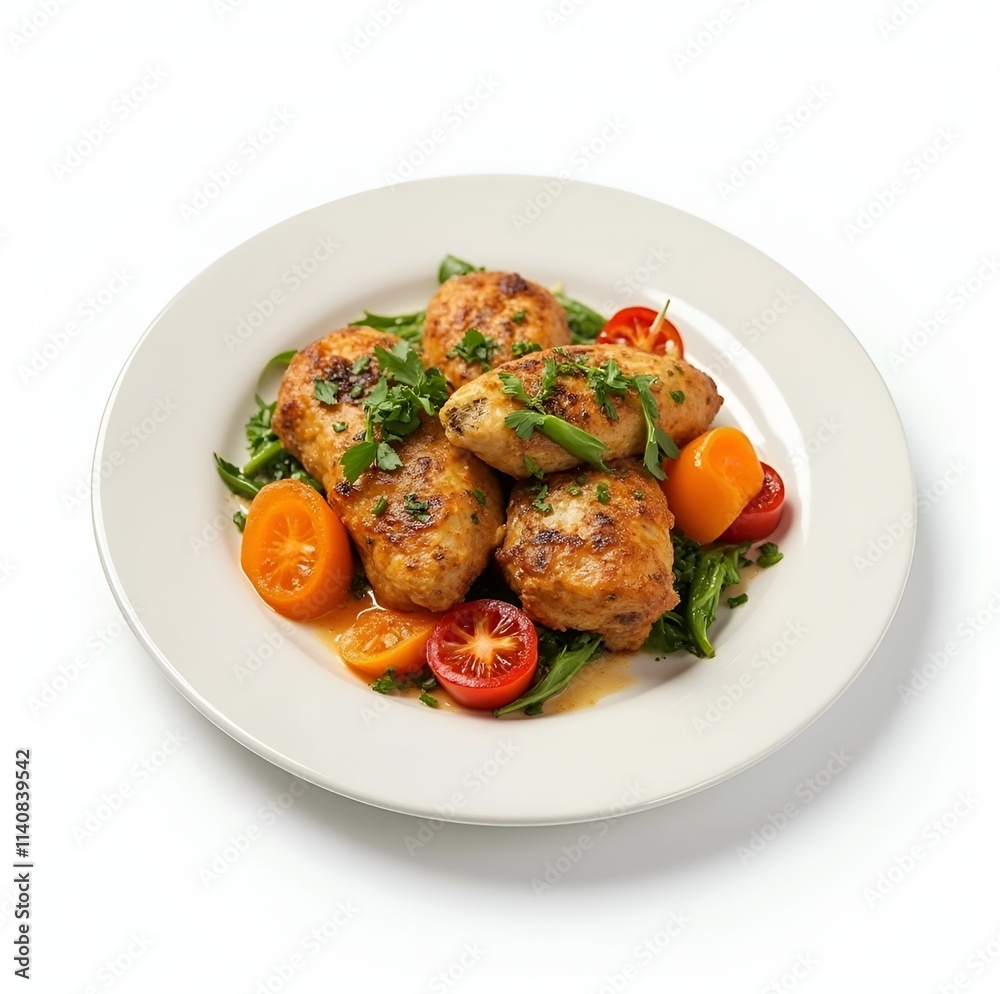 chicken with vegetables on white plate background chicken with vegetables on white plate background