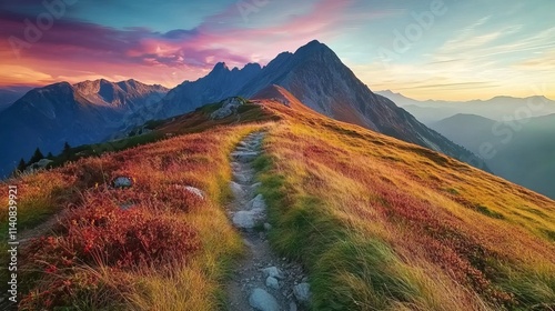 A mountain trail winding along the ridge of stunning peaks, surrounded by autumn grass and a vibrant sky. photo