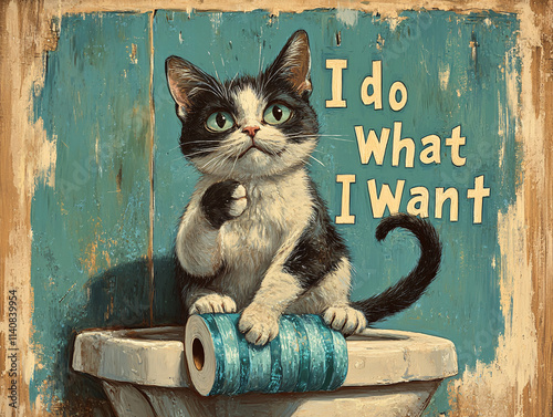 Humorous illustration of a cat sitting on a toilet with a sign 