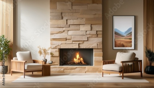  A room featuring a rectangular fireplace set into a smooth, beige stone wall. Narrow walnut