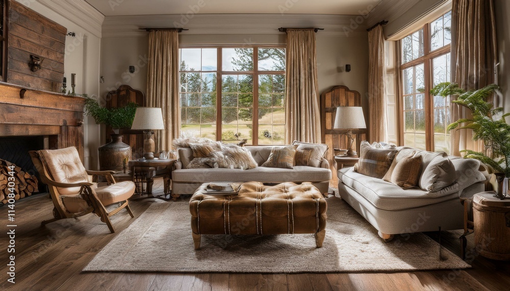 Fototapeta premium A slipcovered sofa and wingback armchairs in muted pastels, a vintage trunk repurposed as a