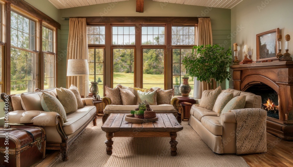 A slipcovered sofa and wingback armchairs in muted pastels, a vintage trunk repurposed as a A slipcovered sofa and wingback armchairs in muted pastels, a vintage trunk repurposed as a
