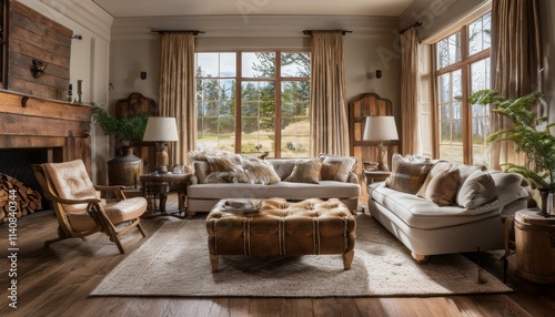 A slipcovered sofa and wingback armchairs in muted pastels, a vintage trunk repurposed as a photo