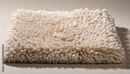 A top-down image of a soft, plush carpet square in a neutral beige color. Fine fibers are vi