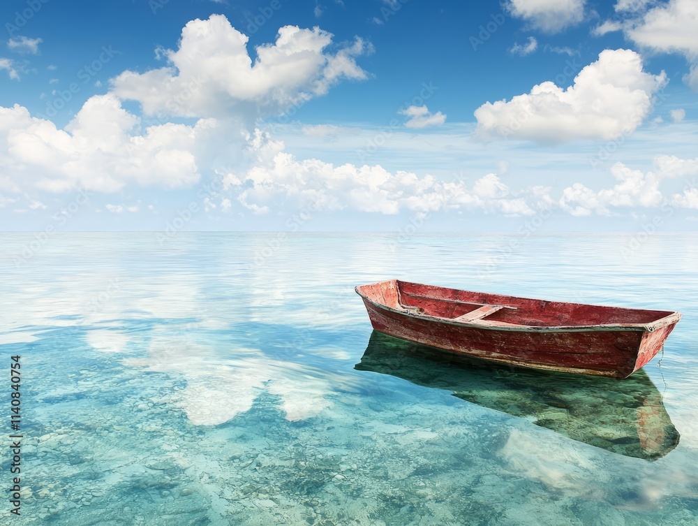 Fototapeta premium A solitary red boat floats on calm, clear water under a blue sky.