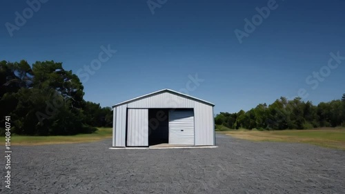 A large metal storage shed or garage with an open garage door, set on a gravel or dirt surface against a clear blue sky created with generative ai