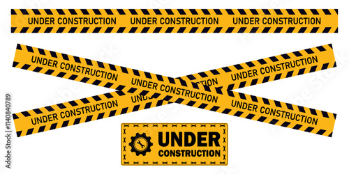 Under Construction barrier yello tape sign for web site road warning working security attention black text transparent background