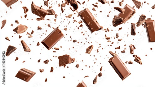 Pieces of milk chocolate bar falling on a white background, creating an explosion of cocoa crumbs and shavings. Top view flat lay with a dynamic pattern.