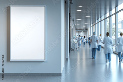 Blank empty white picture frame mockup in a hospital corridor with blurred medical personnel while walking