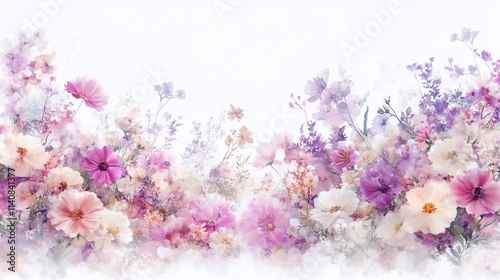 Colorful watercolor wildflowers in shades of pink, purple, and white