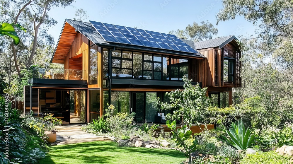 An eco-friendly home featuring solar panels on the roof, a vibrant garden with native plants, and expansive windows that allow for plenty of natural light. An eco-friendly home featuring solar panels on the roof, a vibrant garden with native plants, and expansive windows that allow for plenty of natural light.