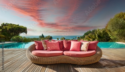 Double-seater rattan sofa in a natural wood finish, featuring soft coral-hued cushions and s  photo