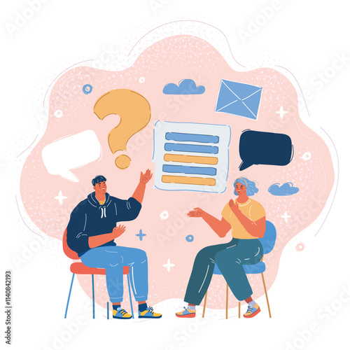 Cartoon vector illustration of man and woman colleagues communication to each other sitting at chair. Business meeting concept coworkers discussing
