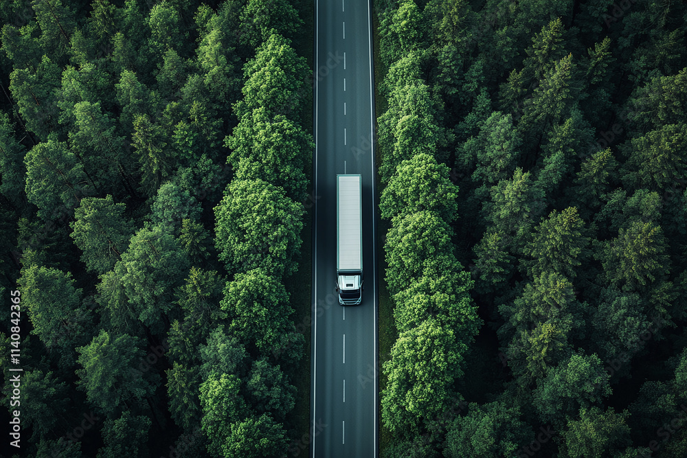 Arial view of heavy blue truck on a road. Spring green trees by the sides of the road. Arial view of heavy blue truck on a road. Spring green trees by the sides of the road.