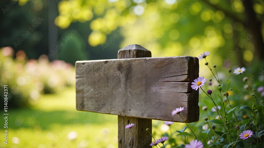 Rustic wooden signpost in blooming spring garden