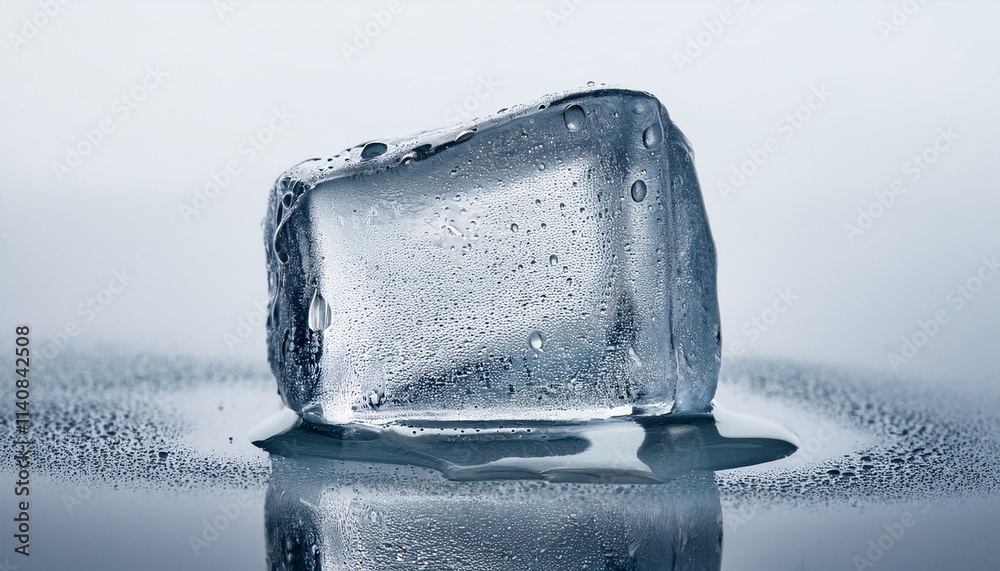 Macro shot of a melting ice cube with visible air bubbles and droplets, positioned on a refl Macro shot of a melting ice cube with visible air bubbles and droplets, positioned on a refl