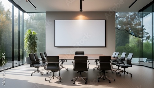 Minimalist meeting room interior featuring a rectangular glass-top table surrounded by ergon
