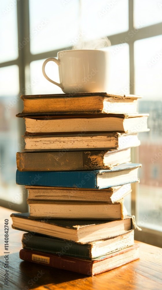 Naklejka premium A stack of books with a steaming cup on top, illuminated by sunlight.