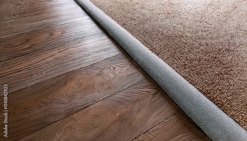 Top view of a flooring transition where soft carpet meets durable vinyl, clearly showing the 