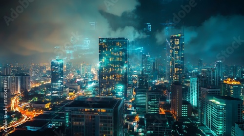 Wallpaper Mural A holographic HUD display of a cloud service for file storage and transfer, set against a double exposure of the Bangkok city skyline at night. Torontodigital.ca