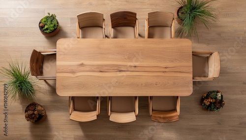 Top-down view of a rectangular light maple table with a central tray for plants and office s  photo