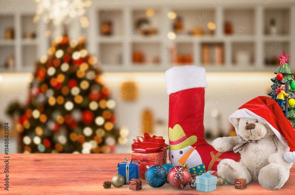 Fototapeta premium christmas decoration on the desk at Christmas room background.