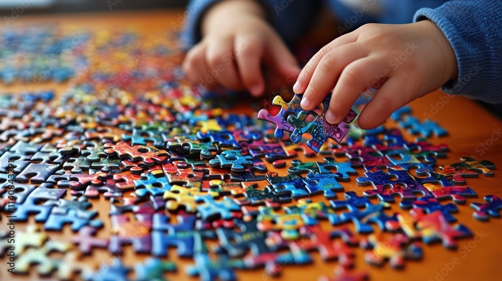 Child's hands assembling a colorful jigsaw puzzle on a wooden table. Child's hands assembling a colorful jigsaw puzzle on a wooden table.