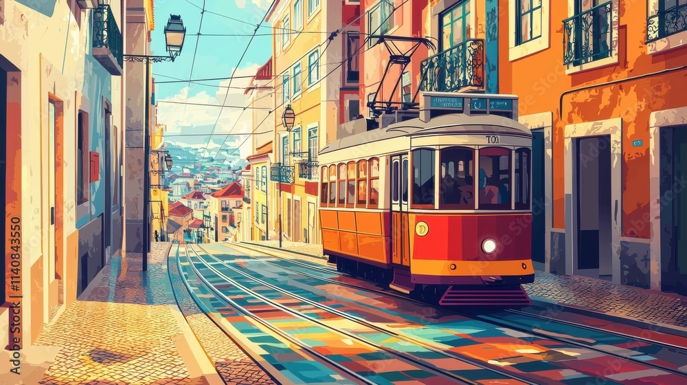 Obraz premium Colorful tram journey through lisbon's retro streets urban environment art style vibrant cityscape travel inspiration