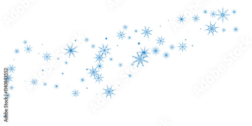 Snowflakes. Snow, snowfall. Falling scattered blue snowflakes on a white background.