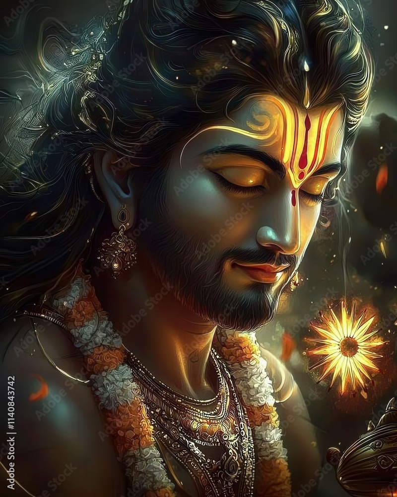 Divine celebration of lord vishnu with glowing conch spiritual realm digital art mystical atmosphere close-up view radiance Divine celebration of lord vishnu with glowing conch spiritual realm digital art mystical atmosphere close-up view radiance