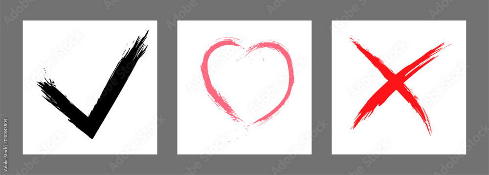 The cross, heart and OK symbol are hand-drawn with a brush. Prohibition, denial, error. Love. Approval, consent. Vector, set of 3 characters The cross, heart and OK symbol are hand-drawn with a brush. Prohibition, denial, error. Love. Approval, consent. Vector, set of 3 characters
