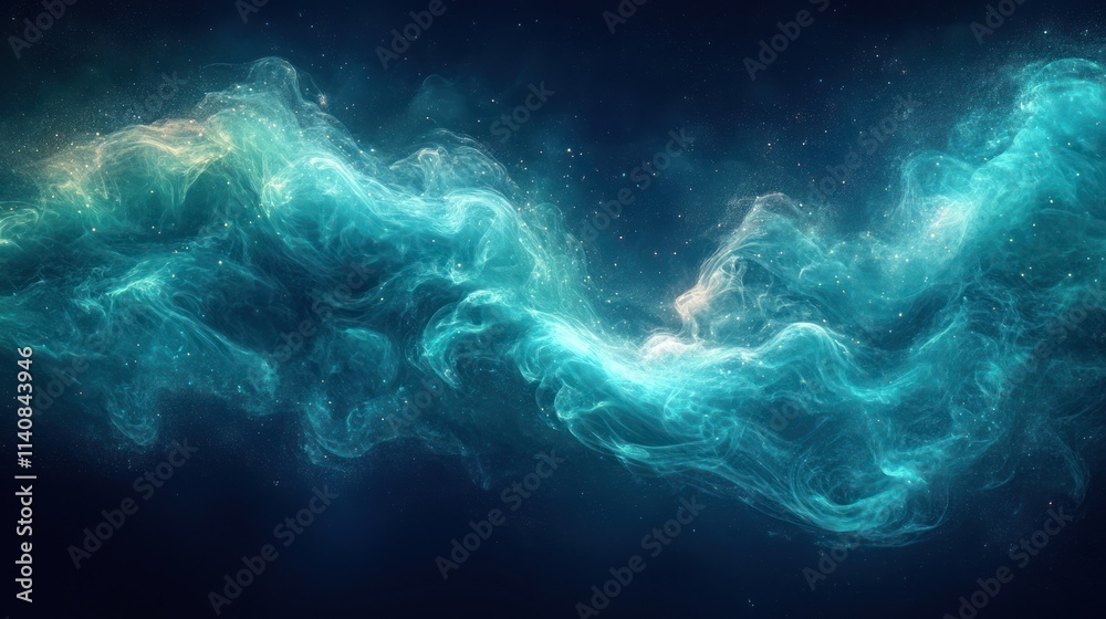 Abstract teal and blue glowing smoke wave on dark background. Abstract teal and blue glowing smoke wave on dark background.
