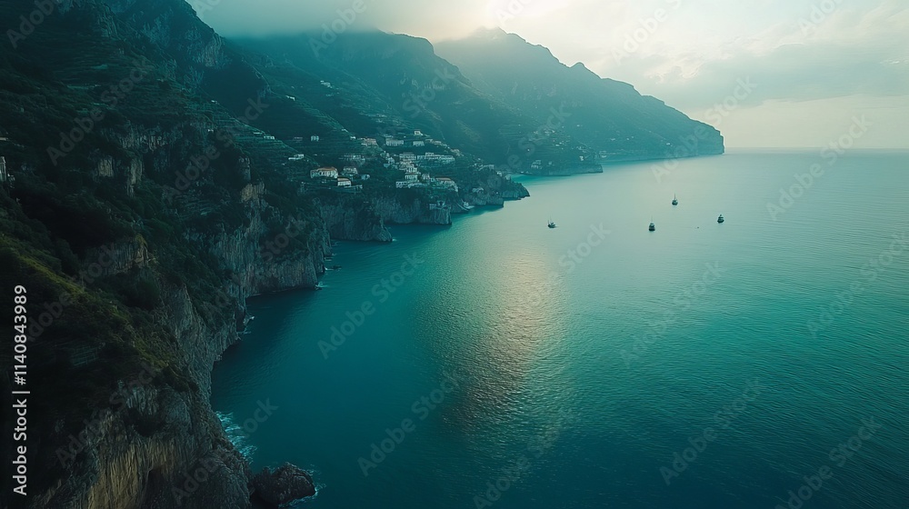 An aerial view of the breathtaking Amalfi Coast, featuring the tranquil sea, charming village, and stunning mountains of Amalfi, Italy. An aerial view of the breathtaking Amalfi Coast, featuring the tranquil sea, charming village, and stunning mountains of Amalfi, Italy.