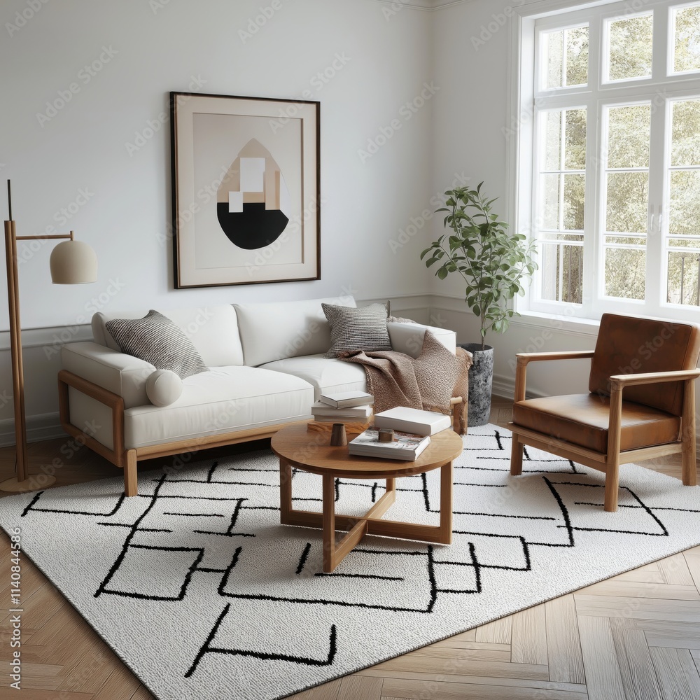 Fototapeta premium Stylish minimalistic living room with white sofa, modern art, and natural lighting, perfect for relaxation.